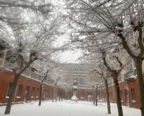 Patio interior del Colegio Internacional G Nicoli nevado durante el temporal Filomena en Madrid
