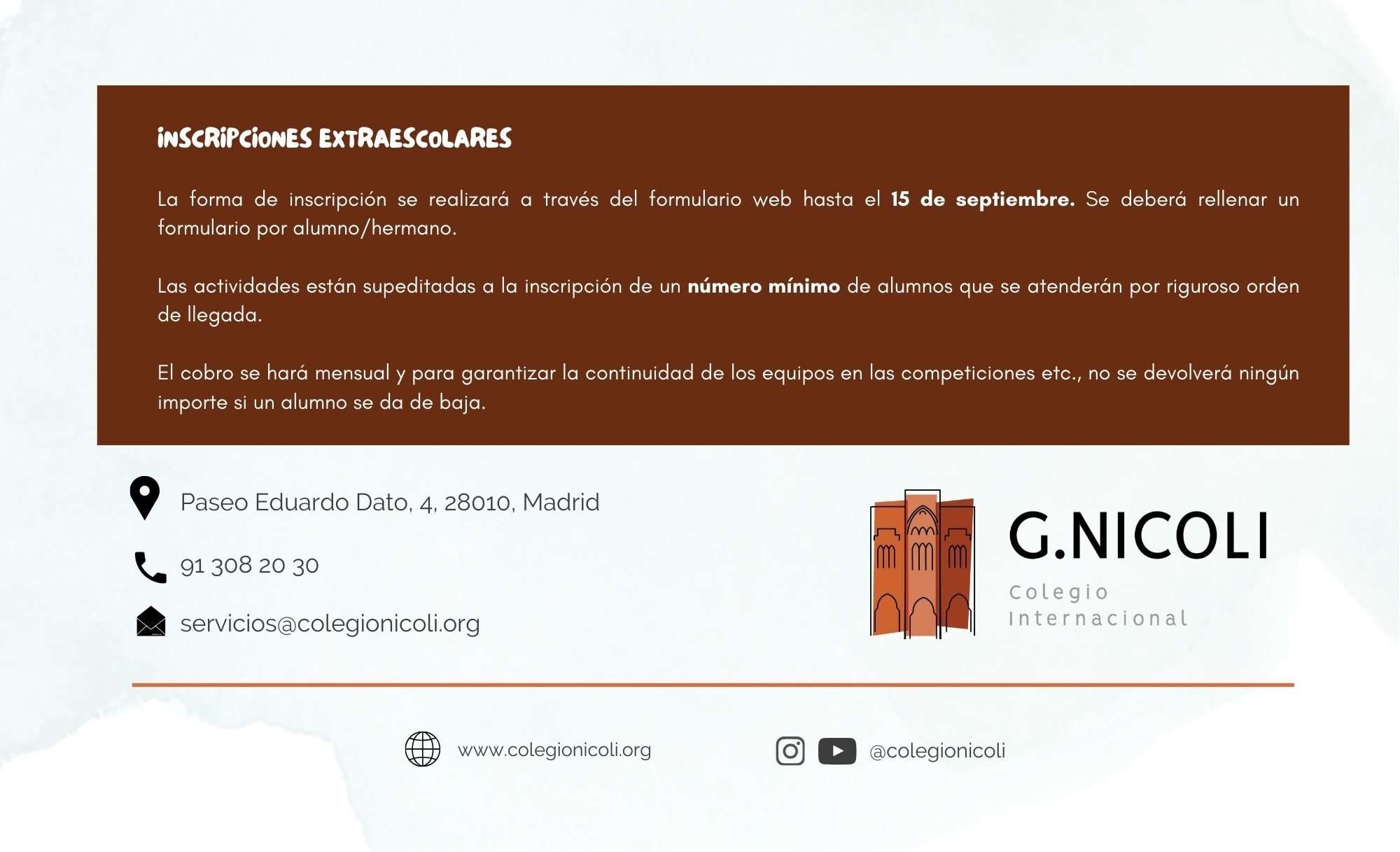 Aviso y datos de actividades del Colegio Internacional G Nicoli.